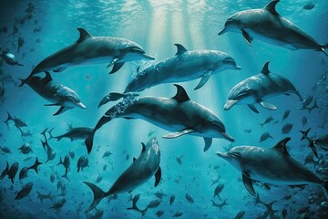 dolphins swimming and leaping in the ocean. Generative AI