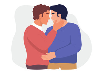 Fototapeta na wymiar A couple of men hugging, looking at each other. Guys in love together. Vector graphics.