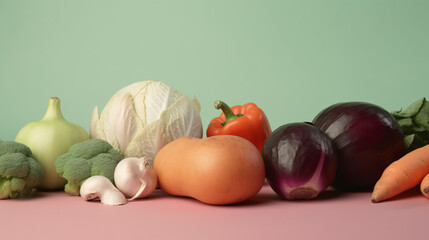 fresh vegetables on table with pastel tone plain background generative ai
