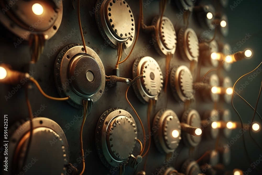 Poster the idea of the shipparts manufacturing sector is represented by a large number of circular metal pl