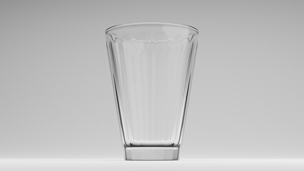 empty faceted glass on white table, white studio background, front view, 3d render