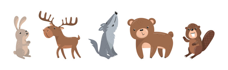Woodland Animals with Bunny, Elk, Wolf, Bear and Beaver Vector Set