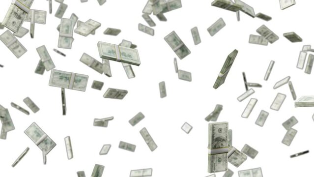 Falling money dollars with alpha channel transparent background. Stacks of dollar money. Looping seamless loop animation. 4K UHD 3840x2160