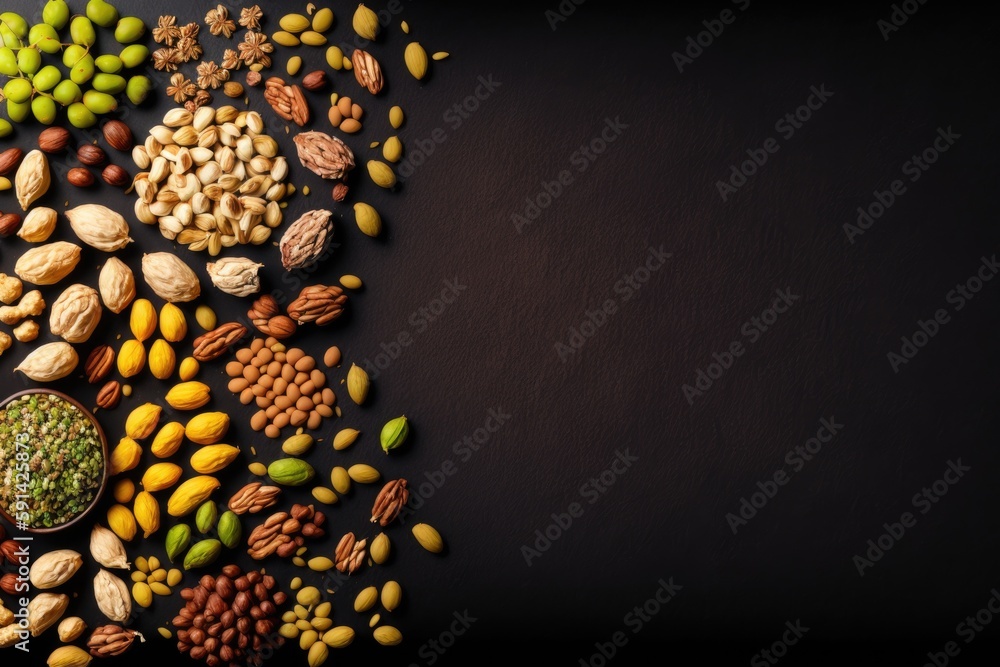 Poster mix of nuts and seeds on a dark background. generative ai