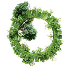Gear overgrown with grass, plants and trees. Detail of Ecosystem mechanism, green production concept, design element for eco theme style, front view