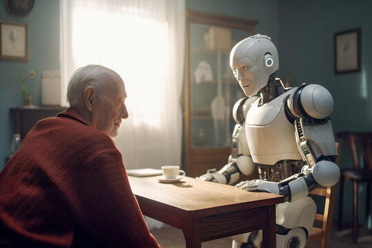 Robot caring for elderly man in home use. Generative AI