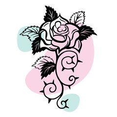 A girl's transferable temporary tattoo. Romantic rose with thorns, love. lineart and engraving.