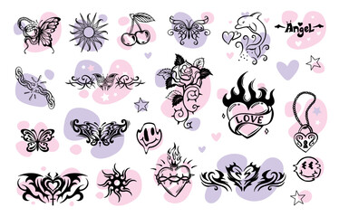 A large set of transferable temporary girl tattoos. Celtic pattern. Emo, goths, heart, style of the 90s.