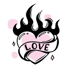 transferable temporary girl tattoo. A hot heart with a flame . Love, passion. lineart, engraving.