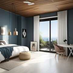 Modern style bedroom. Interior summer. Generative AI.