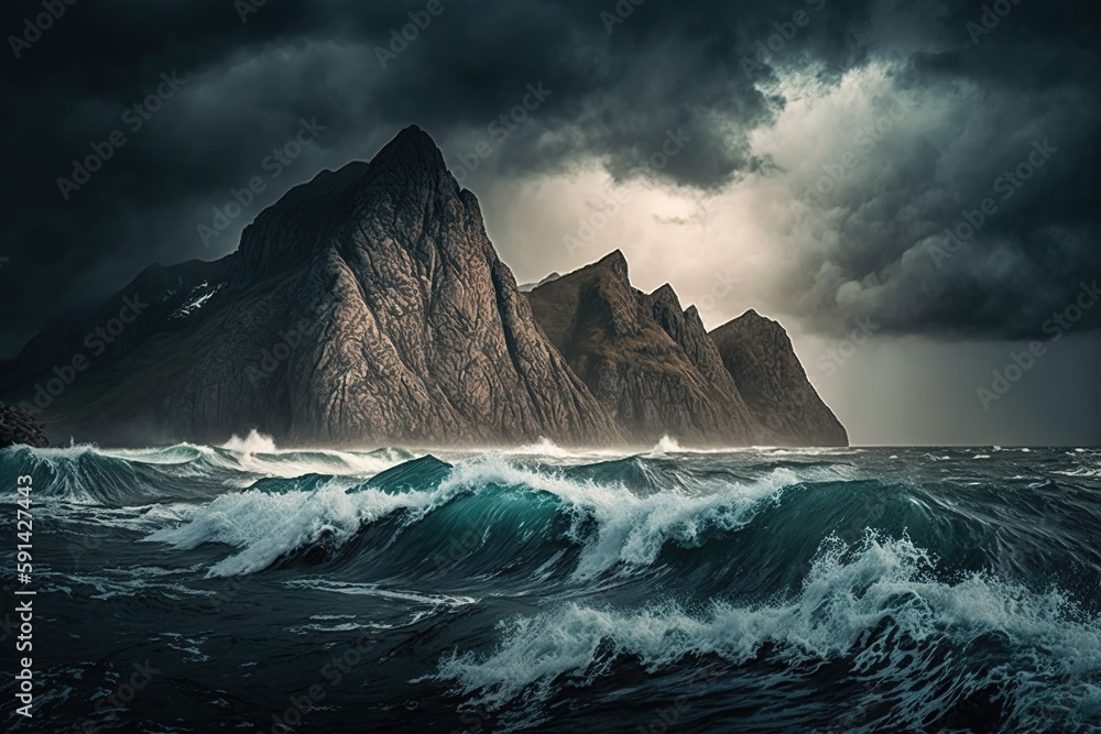 Poster sea in front of a rugged mountain hidden by clouds generative ai