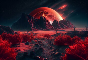 Fototapeta na wymiar Alien Planet - A Fantasy Landscape with red skies and stars. AI Generation. Generative AI
