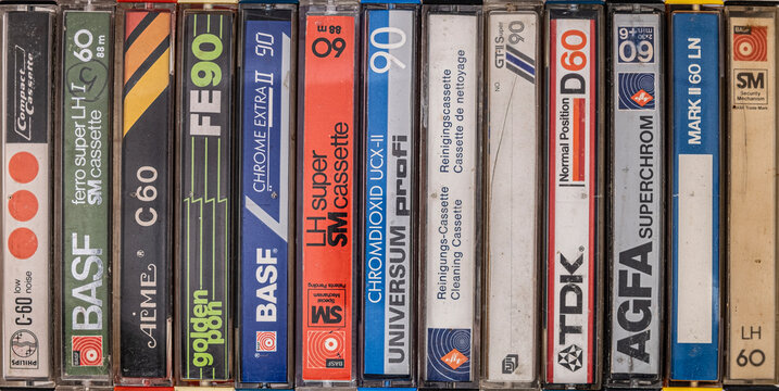 Sibiu, Romania - April 04, 2023. Top view of a collection of old vintage retro audio tape cassettes