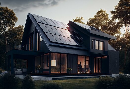 Black Solar Panels On Gable Roof. Beautiful, Large Modern House And Solar Energy. Rays Of Sun. Generative AI