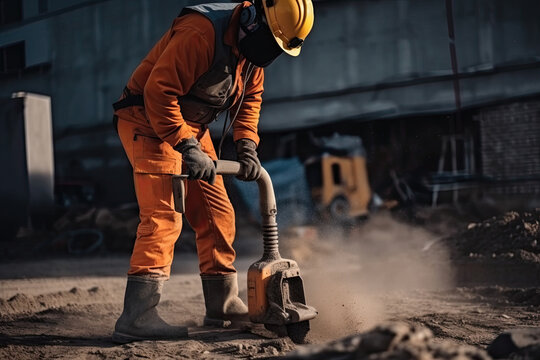 Worker in orange uniform and helmet with shovel on construction site. Generative AI