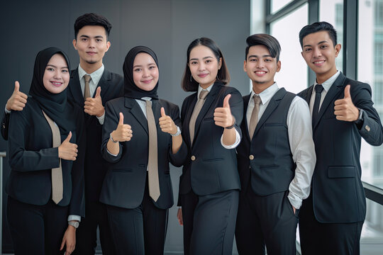 Group of happy business people showing thumbs up in office. asian, Generative AI