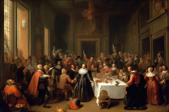 Baroque Art, People In The Hall, People Having A Party, Party Noble, 17th Century,  Generative Ai