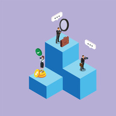 Business people on bar chart doing analysis for future financial market condition 3d isometric vector illustration concept for banner, website, landing page, ads, flyer template