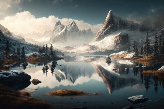 serene mountain lake surrounded by snow in a beautiful landscape painting. Generative AI