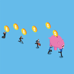 People running holding piggy bank - Saving strategy 3d isometric vector illustration concept for banner, website, landing page, ads, flyer template