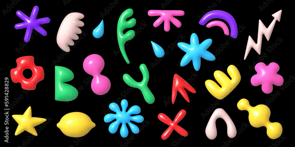 Poster collection of isolated realistic 3d abstract simple shapes in cartoon plastic style, colorful vector