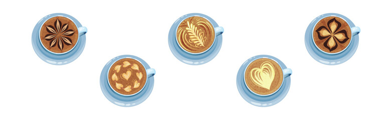 Cups on Saucer with Coffee Latte Crema Art Vector Set