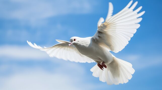 White dove on sky. Animal in motion. Generative ai.