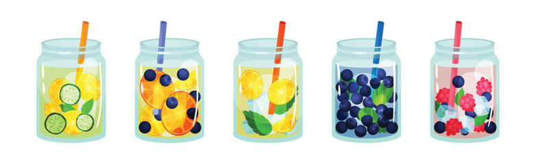 Glass Jars with Refreshing Fruit Water and Straw Vector Set