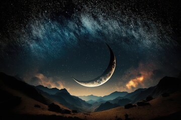 Obraz na płótnie Canvas crescent moon over a mountain landscape at night. Generative AI