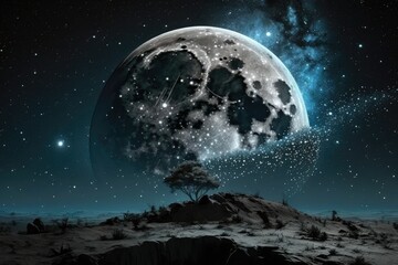 Fototapeta na wymiar bright full moon surrounded by a starry night sky. Generative AI