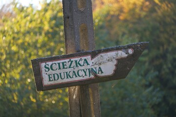 An old signpost in the woods with the words in polish language, translation: 