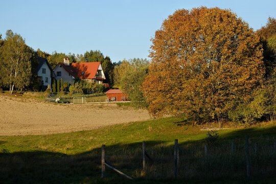 Beautiful scenery of kashubian landscape with fields and trees on hills in autumn scenery. Little houses  among fields. Around Sierakowice, Kashubia, Poland