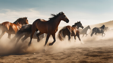 Horses run gallop in the sand dunes of the desert