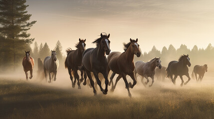 Horses run gallop in the meadow at sunrise.