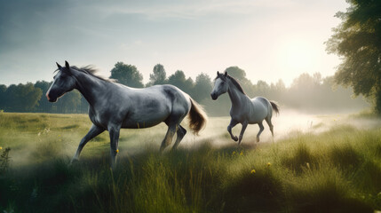 Horses in the meadow at sunrise