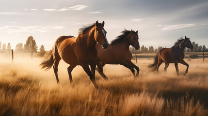 Horses galloping in the meadow at sunrise. Motion blur.