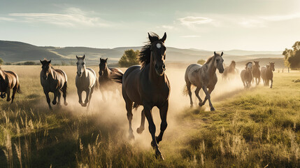 Herd of horses running on a meadow in the morning light