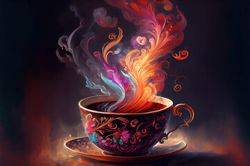 Baroque painting of steaming hot cup of fresh coffee (Generative AI)