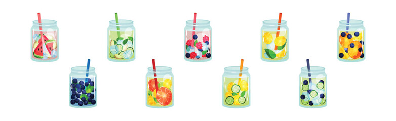 Glass Jars with Refreshing Fruit Water and Straw Vector Set