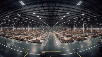Fototapeta na wymiar Panoramic view of warehouse with rows of cardboard boxes.