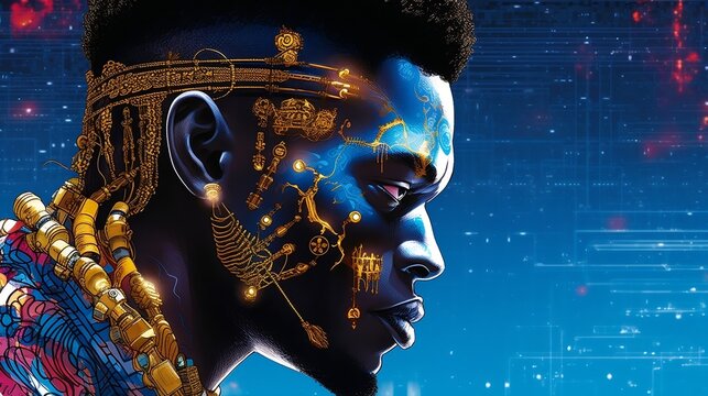 an illustration of a taciturn and tough guy character with skull like decorations. generative AI