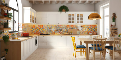 illustration modern creative white colorful kitchen in sicilian style Generative AI - obrazy, fototapety, plakaty