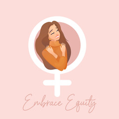 girl in pink embrace equity. Sisterhood and girl power concept. Woman hug yourself.