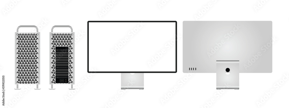 Poster modern and professional computer with display on white background. high quality realistic vector ima