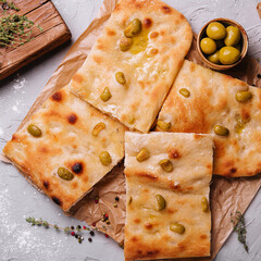 Golden baked traditional Italian focaccia bread with green olives