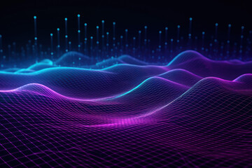 Metaverse wave background with connected digital graph blocks. Neon and blue background. Cyberspace, data science virtual reality concept. Generative AI. - 591432051