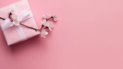 Gift box on a pink background with Cherry blossom, Banner with Copy space. Generative AI