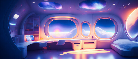 A futuristic space station room with a view of the cosmos and stars. New technologies. Future image. Generative AI