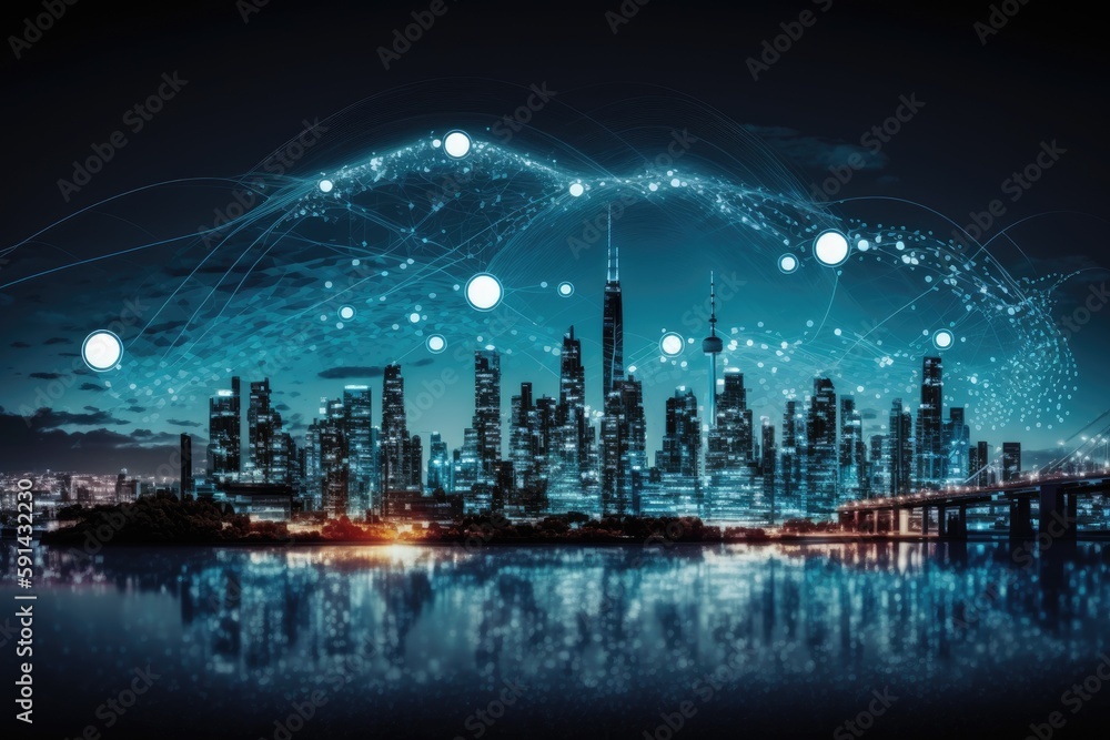 Poster modern city skyline with abstract connected lines and dots. generative ai