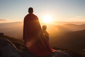 Superhero father and son looking into the distance at sunset, Father's day Illustration, Generative AI